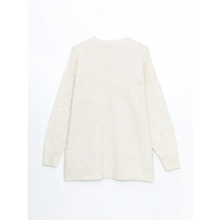 LCW Modest Ekru Bisiklet Yaka Çiçek Nakışlı Kadın Triko Tunik