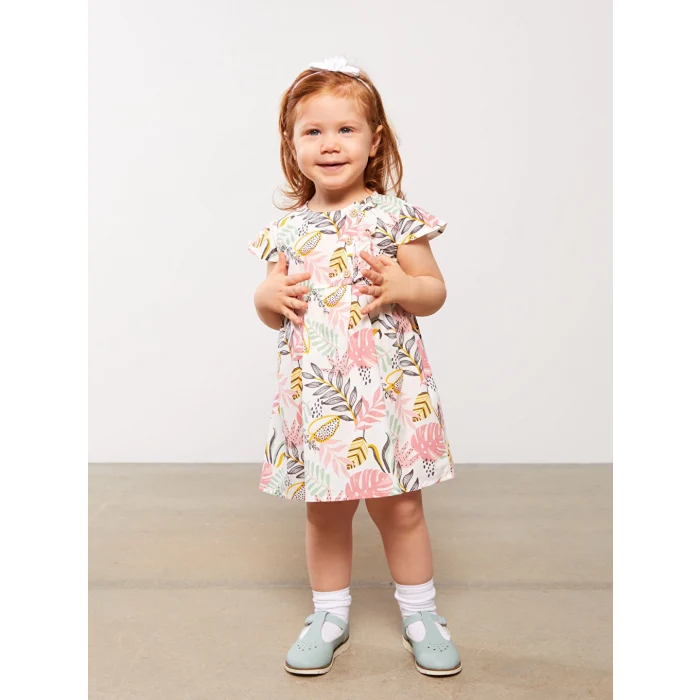 LCW baby Ekru Bisiklet Yaka Kısa Kollu Baskılı Kız Bebek Elbise