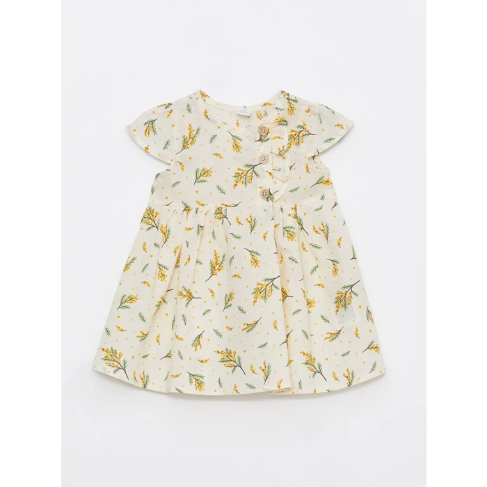 LCW baby Ekru Bisiklet Yaka Kısa Kollu Baskılı Kız Bebek Elbise