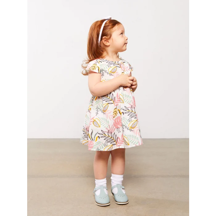 LCW baby Ekru Bisiklet Yaka Kısa Kollu Baskılı Kız Bebek Elbise
