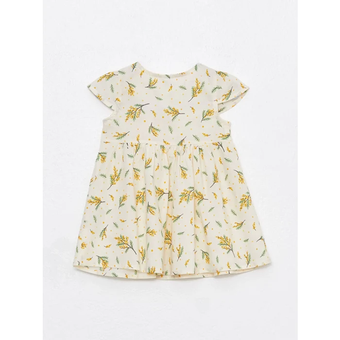 LCW baby Ekru Bisiklet Yaka Kısa Kollu Baskılı Kız Bebek Elbise