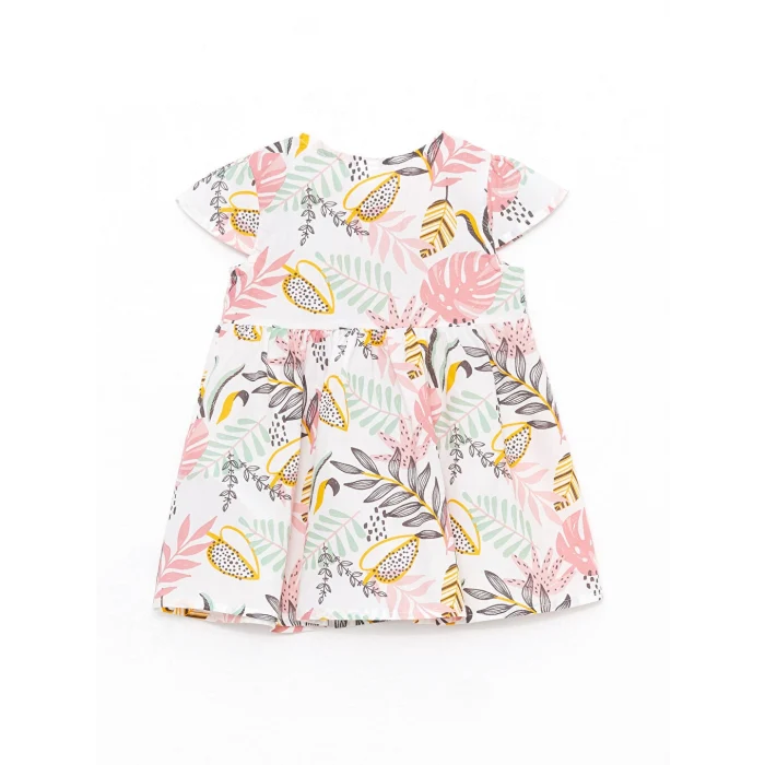 LCW baby Ekru Bisiklet Yaka Kısa Kollu Baskılı Kız Bebek Elbise