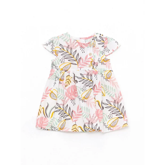 LCW baby Ekru Bisiklet Yaka Kısa Kollu Baskılı Kız Bebek Elbise