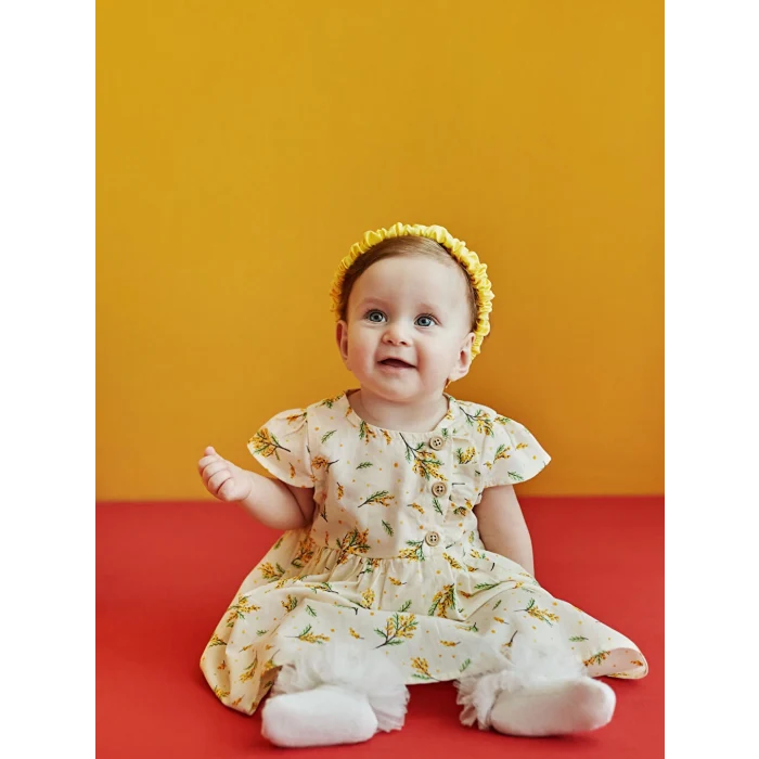 LCW baby Ekru Bisiklet Yaka Kısa Kollu Baskılı Kız Bebek Elbise