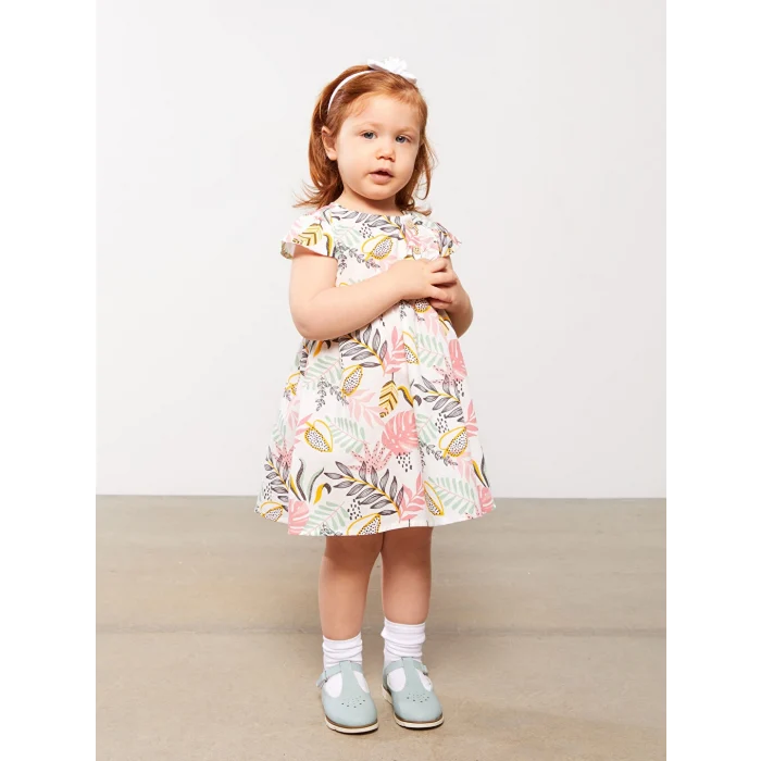 LCW baby Ekru Bisiklet Yaka Kısa Kollu Baskılı Kız Bebek Elbise