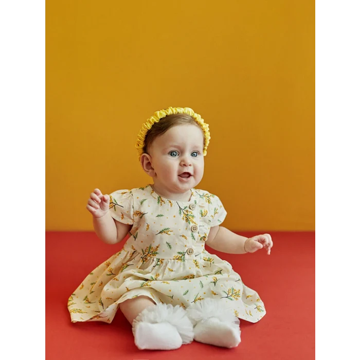 LCW baby Ekru Bisiklet Yaka Kısa Kollu Baskılı Kız Bebek Elbise