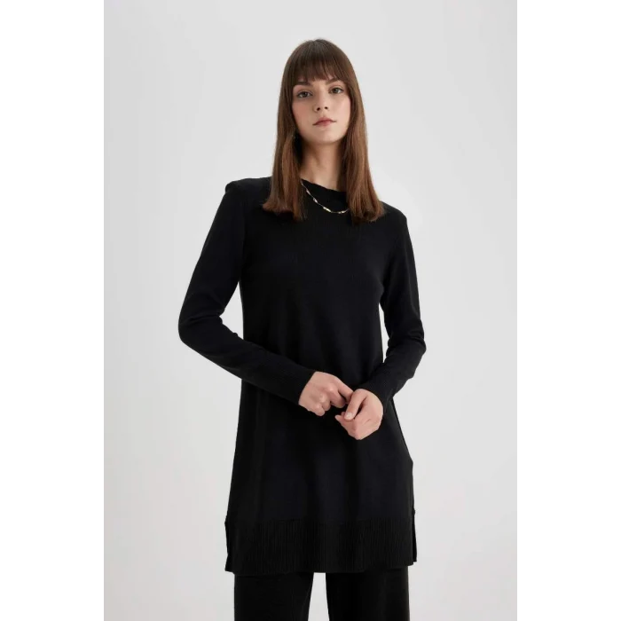 H3431 Regular Fit Bisiklet Yaka Yırtmaçlı Basic Düz Triko Kazak Tunik