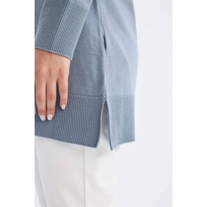 H3431 Regular Fit Bisiklet Yaka Yırtmaçlı Basic Düz Triko Kazak Tunik