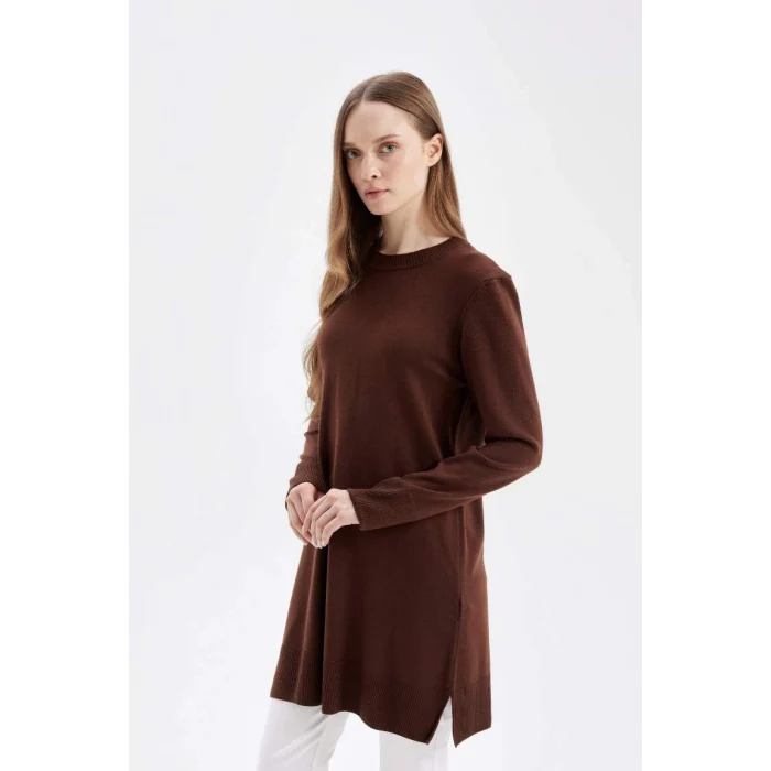 H3431 Regular Fit Bisiklet Yaka Yırtmaçlı Basic Düz Triko Kazak Tunik