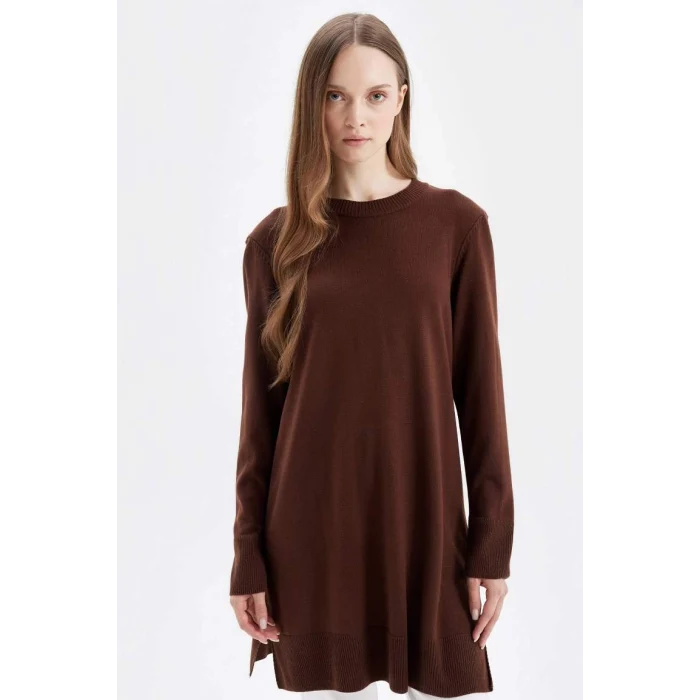 H3431 Regular Fit Bisiklet Yaka Yırtmaçlı Basic Düz Triko Kazak Tunik