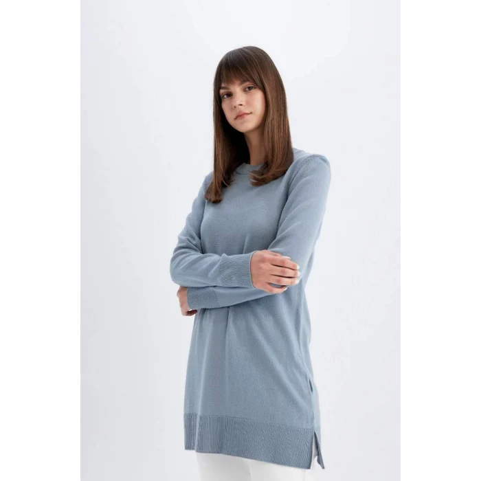 H3431 Regular Fit Bisiklet Yaka Yırtmaçlı Basic Düz Triko Kazak Tunik