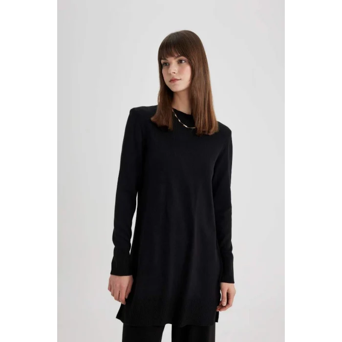 H3431 Regular Fit Bisiklet Yaka Yırtmaçlı Basic Düz Triko Kazak Tunik