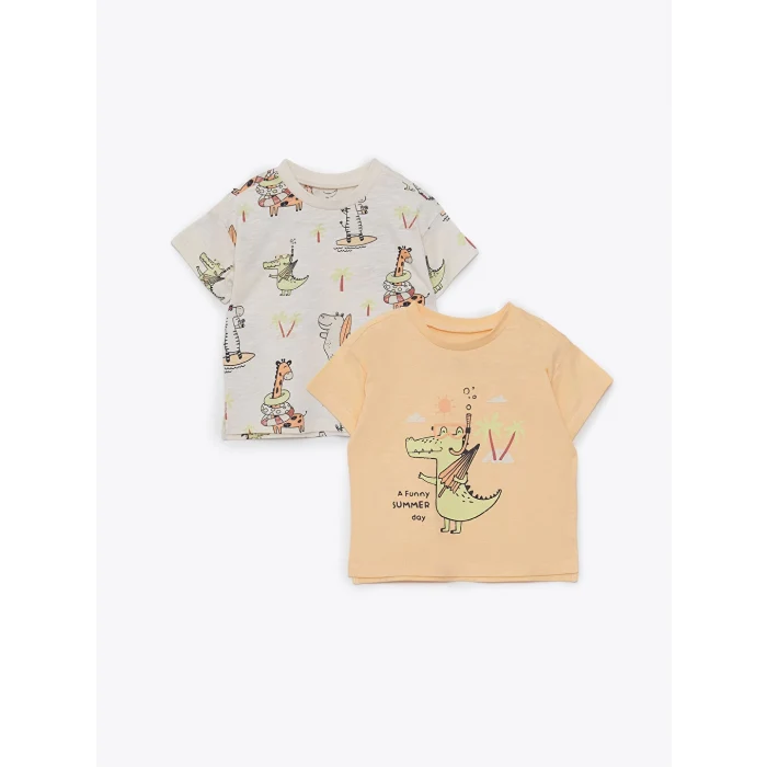 LC WAIKIKI Bisiklet Yaka Kısa Kollu Baskılı Pamuklu Erkek Bebek Tişört 2li