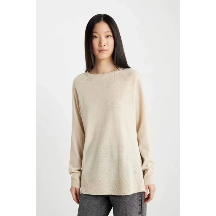 I6913 Yumuşak Dokulu Bisiklet Yaka Reglan Kol Basic Düz Triko Kazak