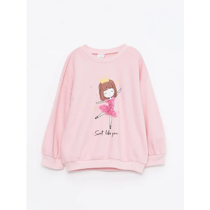 LCW baby Pembe Bisiklet Yaka Uzun Kollu Baskılı Kız Bebek Sweatshirt