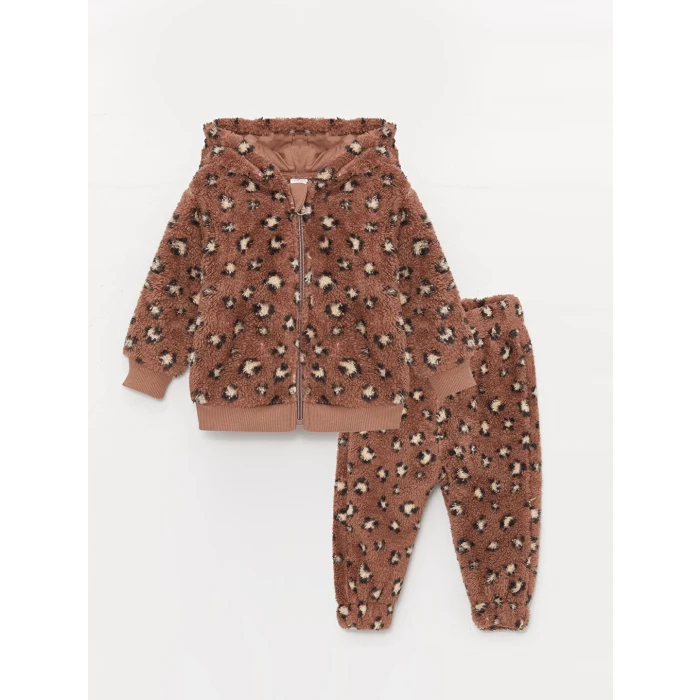LCW baby Kahverengi Kapüşonlu Pelüş Kız Bebek 2li Takım