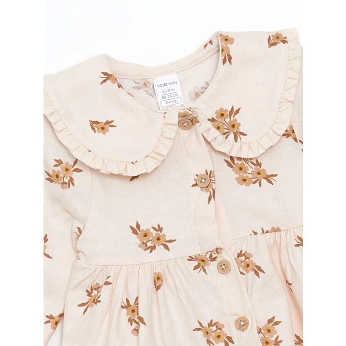 LCW baby Bej Bebe Yaka Çiçekli Kız Bebek Elbise