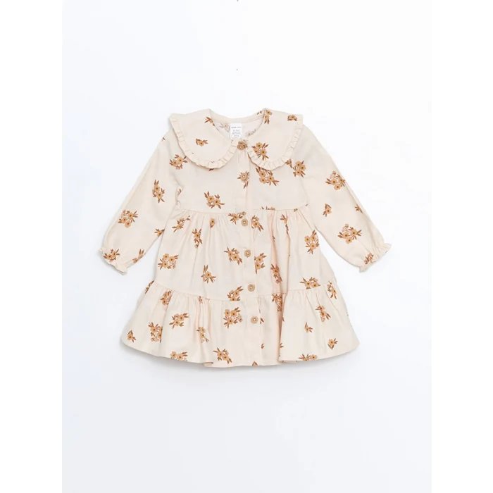 LCW baby Bej Bebe Yaka Çiçekli Kız Bebek Elbise