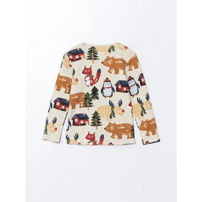 LCW baby Bej Bisiklet Yaka Baskılı Erkek Bebek Pijama Takımı