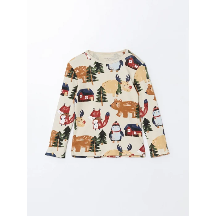 LCW baby Bej Bisiklet Yaka Baskılı Erkek Bebek Pijama Takımı