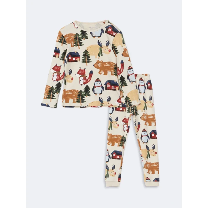 LCW baby Bej Bisiklet Yaka Baskılı Erkek Bebek Pijama Takımı