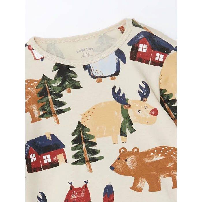 LCW baby Bej Bisiklet Yaka Baskılı Erkek Bebek Pijama Takımı