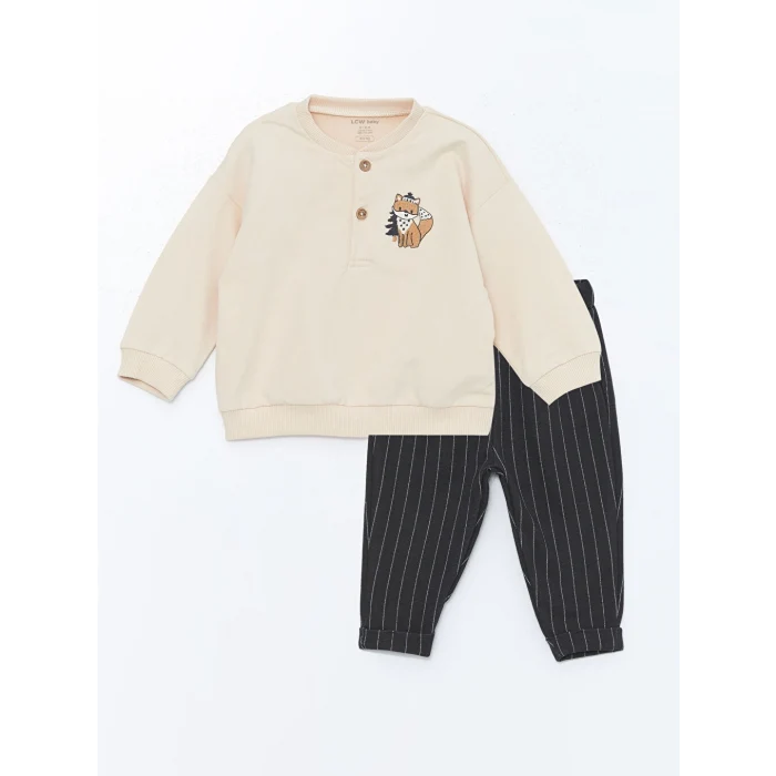 LCW baby Bej Bisiklet Yaka Baskılı Erkek Bebek Sweatshirt ve Pantolon 2li