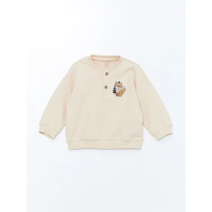 LCW baby Bej Bisiklet Yaka Baskılı Erkek Bebek Sweatshirt ve Pantolon 2li