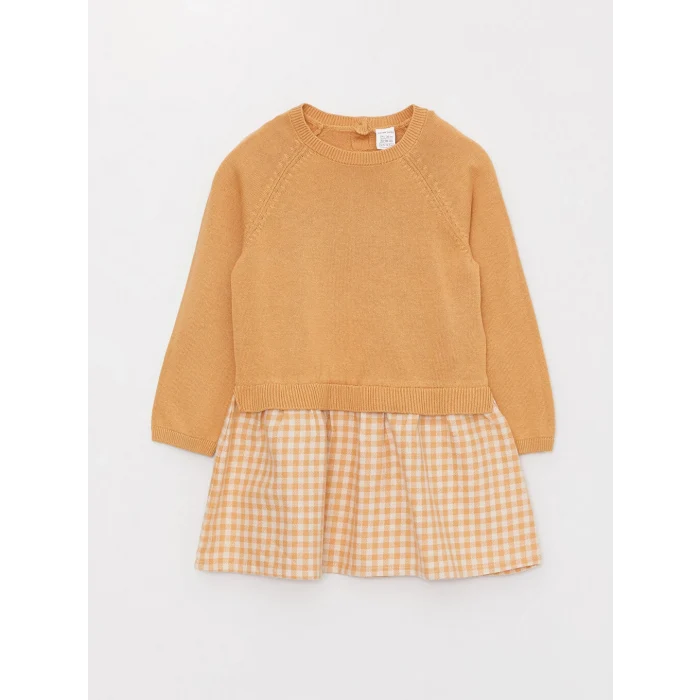 LCW baby Bej Bisiklet Yaka Ekose Kız Bebek Elbise