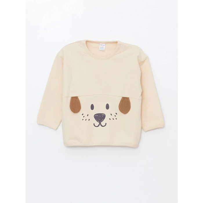 LCW baby Bej Bisiklet Yaka Nakışlı Erkek Bebek Sweatshirt ve Eşofman Alt 2li Takım