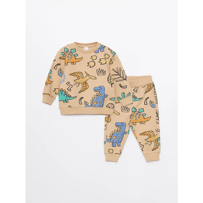 LCW baby Bej Bisiklet Yaka Uzun Kollu Baskılı Erkek Bebek Sweatshirt ve Eşofman Altı 2li Takım