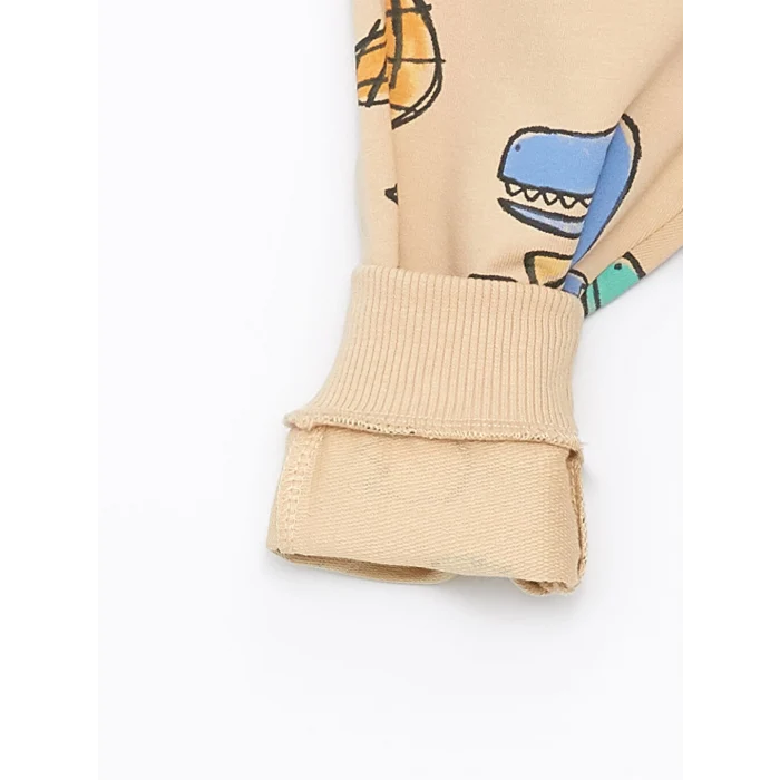 LCW baby Bej Bisiklet Yaka Uzun Kollu Baskılı Erkek Bebek Sweatshirt ve Eşofman Altı 2li Takım