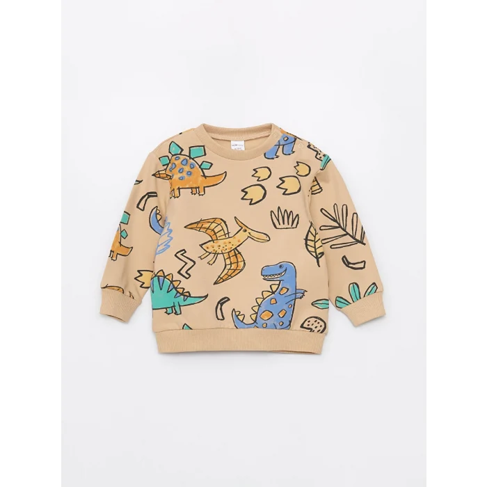 LCW baby Bej Bisiklet Yaka Uzun Kollu Baskılı Erkek Bebek Sweatshirt ve Eşofman Altı 2li Takım