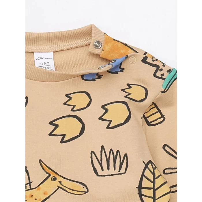 LCW baby Bej Bisiklet Yaka Uzun Kollu Baskılı Erkek Bebek Sweatshirt ve Eşofman Altı 2li Takım