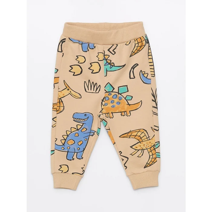 LCW baby Bej Bisiklet Yaka Uzun Kollu Baskılı Erkek Bebek Sweatshirt ve Eşofman Altı 2li Takım