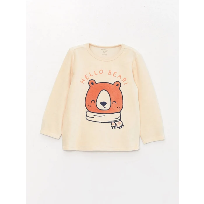 LCW baby Bej Bisiklet Yaka Uzun Kollu Baskılı Erkek Bebek Tişört Ve Pantolon 2li Takım