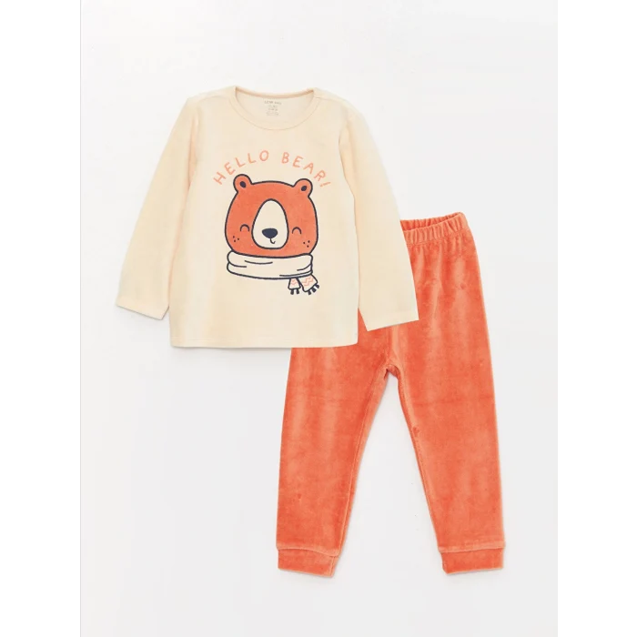 LCW baby Bej Bisiklet Yaka Uzun Kollu Baskılı Erkek Bebek Tişört Ve Pantolon 2li Takım