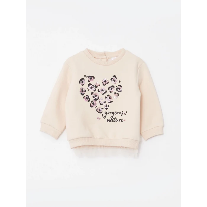 LCW baby Bej Bisiklet Yaka Uzun Kollu Baskılı Kız Bebek Sweatshirt