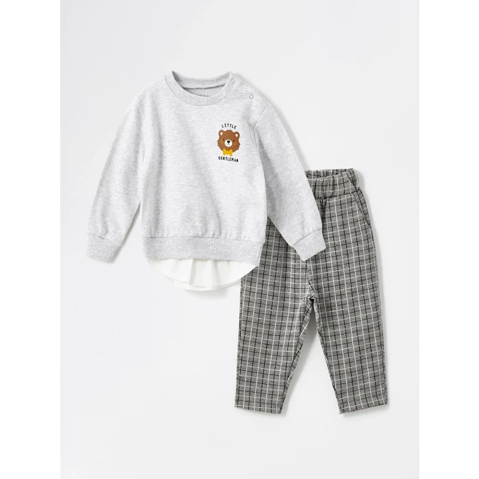 LCW baby Beyaz Baskılı Erkek Bebek Sweatshirt ve Pantolon 2li Takım