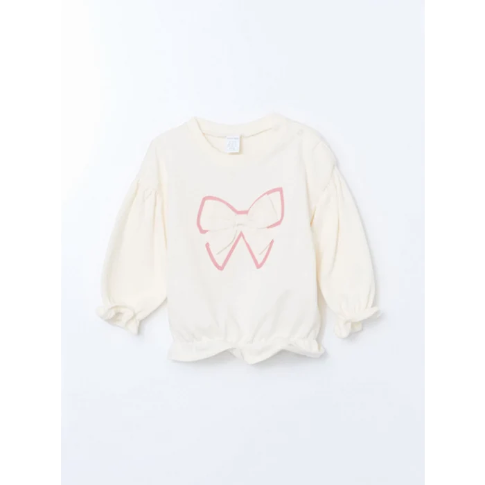 LCW baby Ekru Bisiklet Yaka Uzun Kollu Baskılı Kız Bebek Sweatshirt ve Tayt 2li Takım