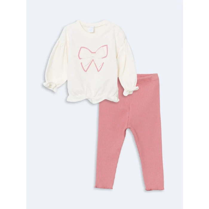 LCW baby Ekru Bisiklet Yaka Uzun Kollu Baskılı Kız Bebek Sweatshirt ve Tayt 2li Takım