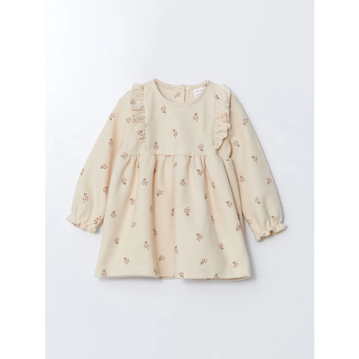 LCW baby Ekru Bisiklet Yaka Uzun Kollu Çiçekli Kız Bebek Elbise