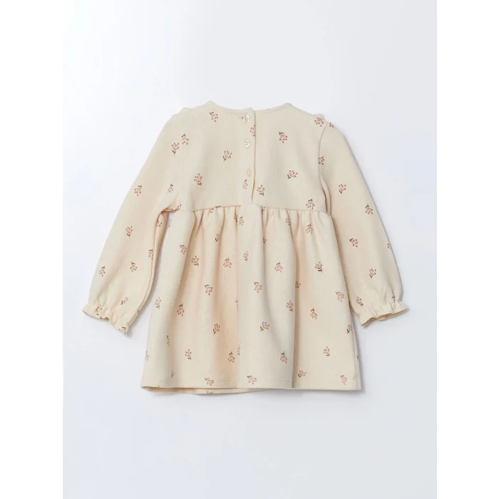 LCW baby Ekru Bisiklet Yaka Uzun Kollu Çiçekli Kız Bebek Elbise