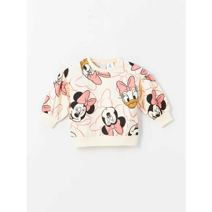 LCW baby Ekru Bisiklet Yaka Uzun Kollu Minnie Mouse Baskılı Kız Bebek Sweatshirt ve Tayt 2li Takım