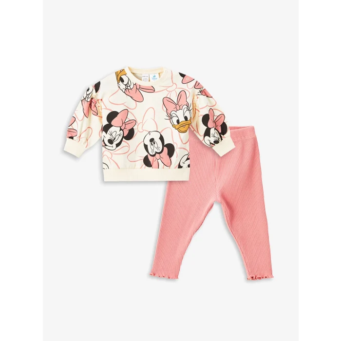 LCW baby Ekru Bisiklet Yaka Uzun Kollu Minnie Mouse Baskılı Kız Bebek Sweatshirt ve Tayt 2li Takım
