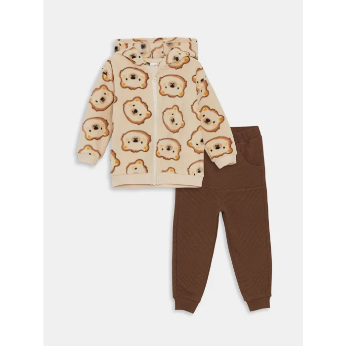 LCW baby Ekru Kapüşonlu Erkek Bebek Hırka ve Eşofman Alt 2li Takım