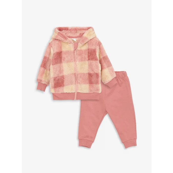 LCW baby Ekru Kapüşonlu Pelüş Uzun Kollu Kız Bebek Hırka ve Tayt 2li Takım