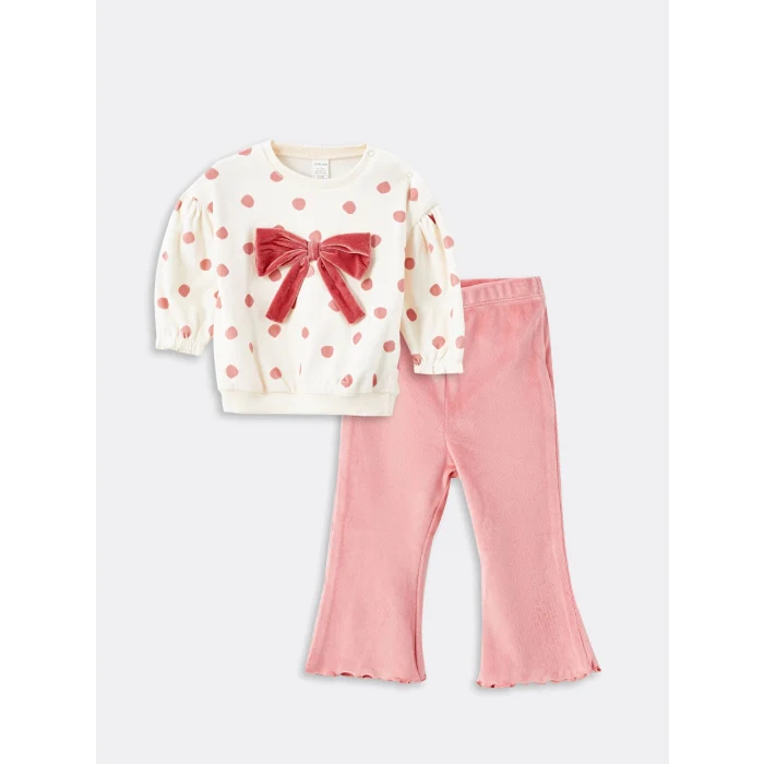 LCW baby Ekru Puantiyeli Kız Bebek Sweatshirt ve Tayt 2li Takım