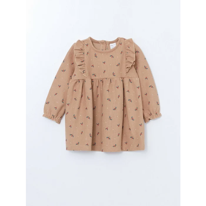 LCW baby Kahverengi Bisiklet Yaka Uzun Kollu Çiçekli Kız Bebek Elbise