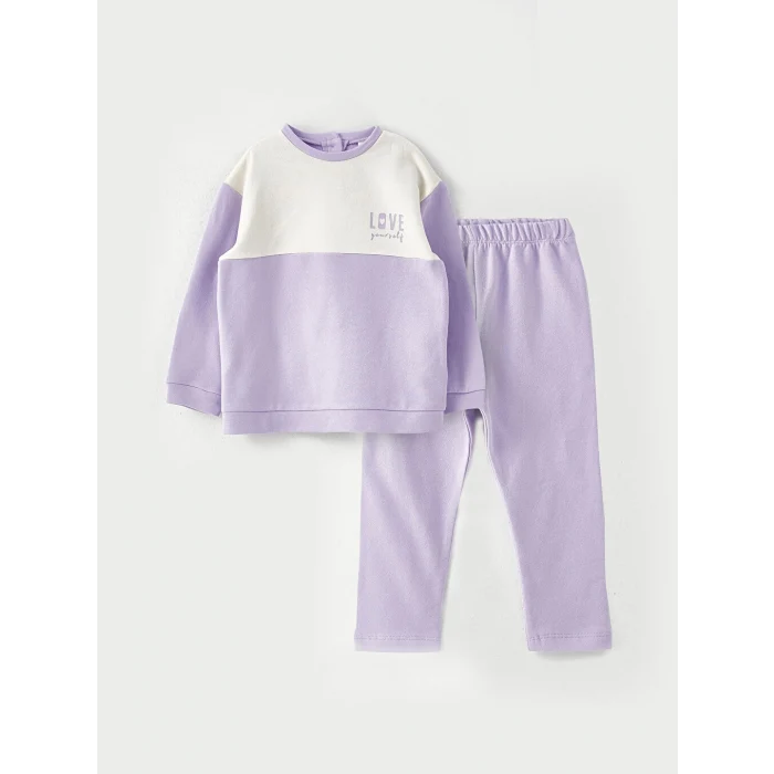 LCW baby Lila Bisiklet Yaka Uzun Kollu Baskılı Kız Bebek Sweatshirt ve Eşofman Alt 2li Takım